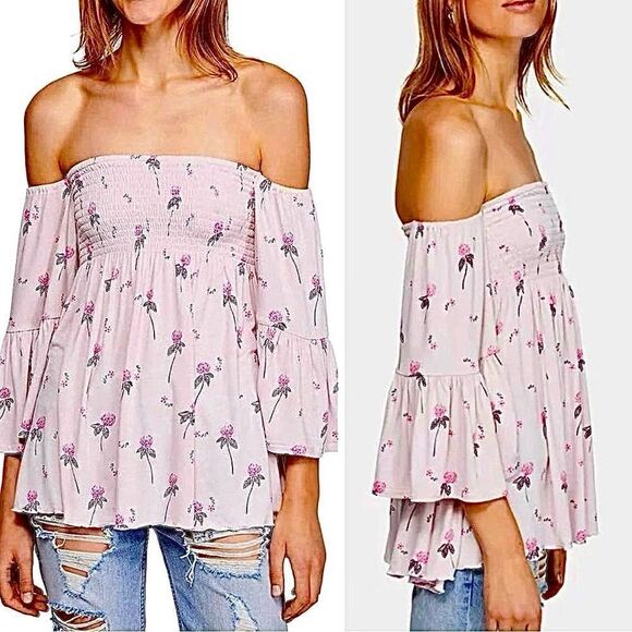 Free People Lana cloudberry, pink floral Rusching Off Shoulder Tunic NWOT large - Picture 1 of 15